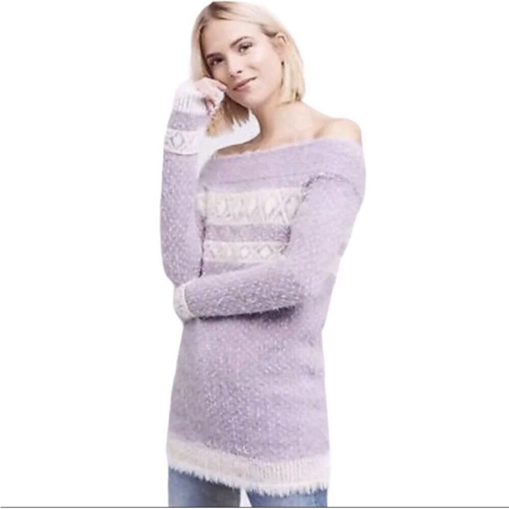 Sleeping on Snow Faroe fair isle purple eyelash knit‎ off shoulder sweater Large
